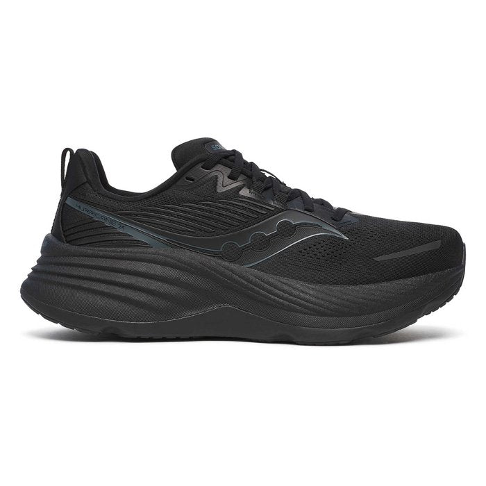 Side view on white background of Mens Saucony Hurricane 24 running shoe in Triple Black, Medium (Regular) width