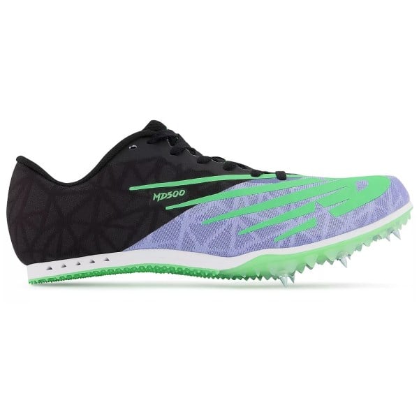 Side view on white background of Womens New Balance MD500v8 running shoe in Vibrant Violet/Black, Medium (Regular) width