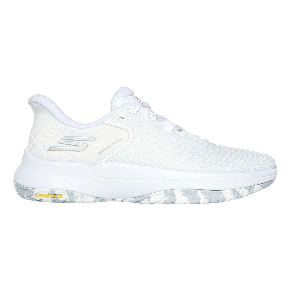 Side view on white background of Womens Skechers Viper Court Elite running shoe in White, Medium (Regular) width
