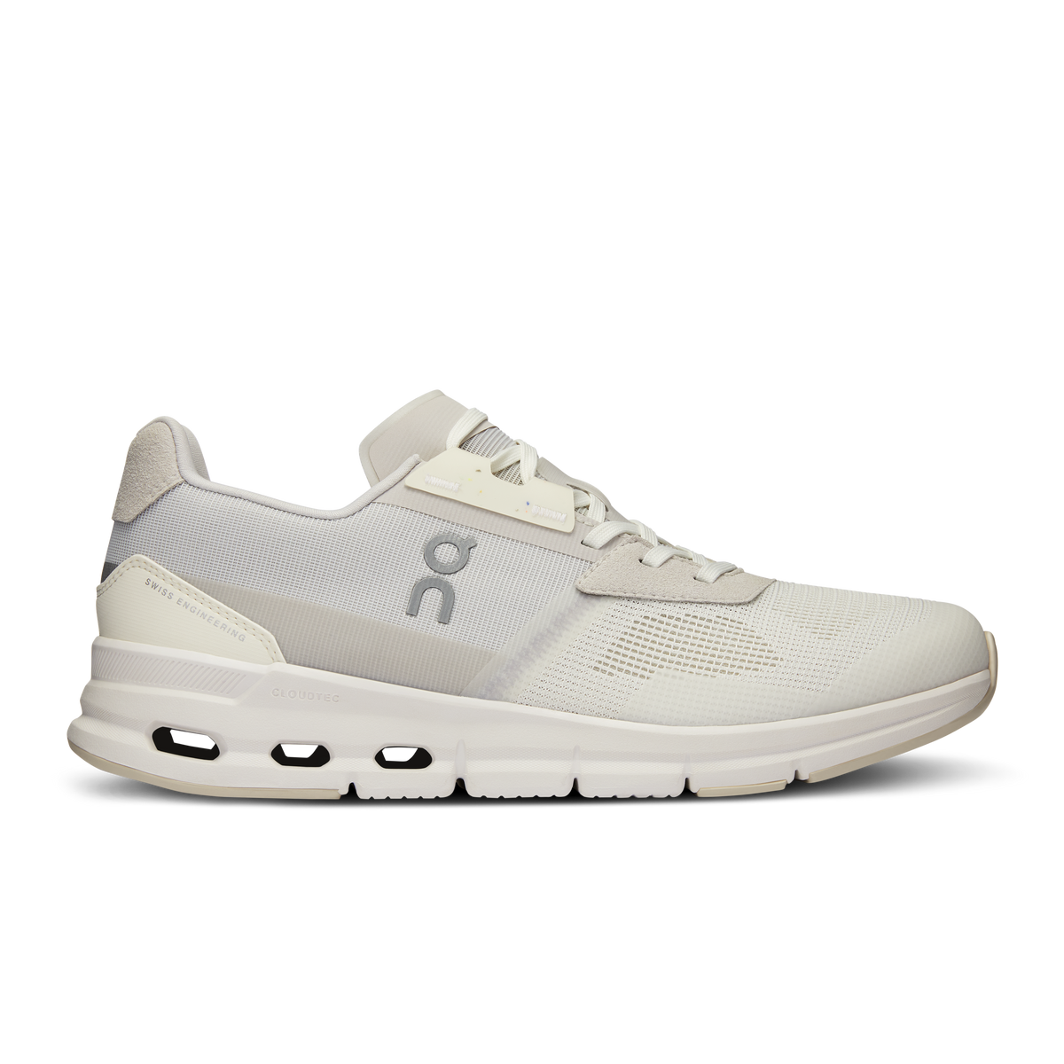Side view on white background of Womens On Cloudrift running shoe in Undyed-White/Frost, Medium (Regular) width