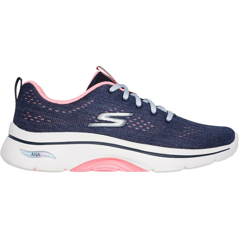 Side view on white background of Womens Skechers Go Walk Arch Fit Unify running shoe in Navy/Hot Pink, Medium (Regular) width