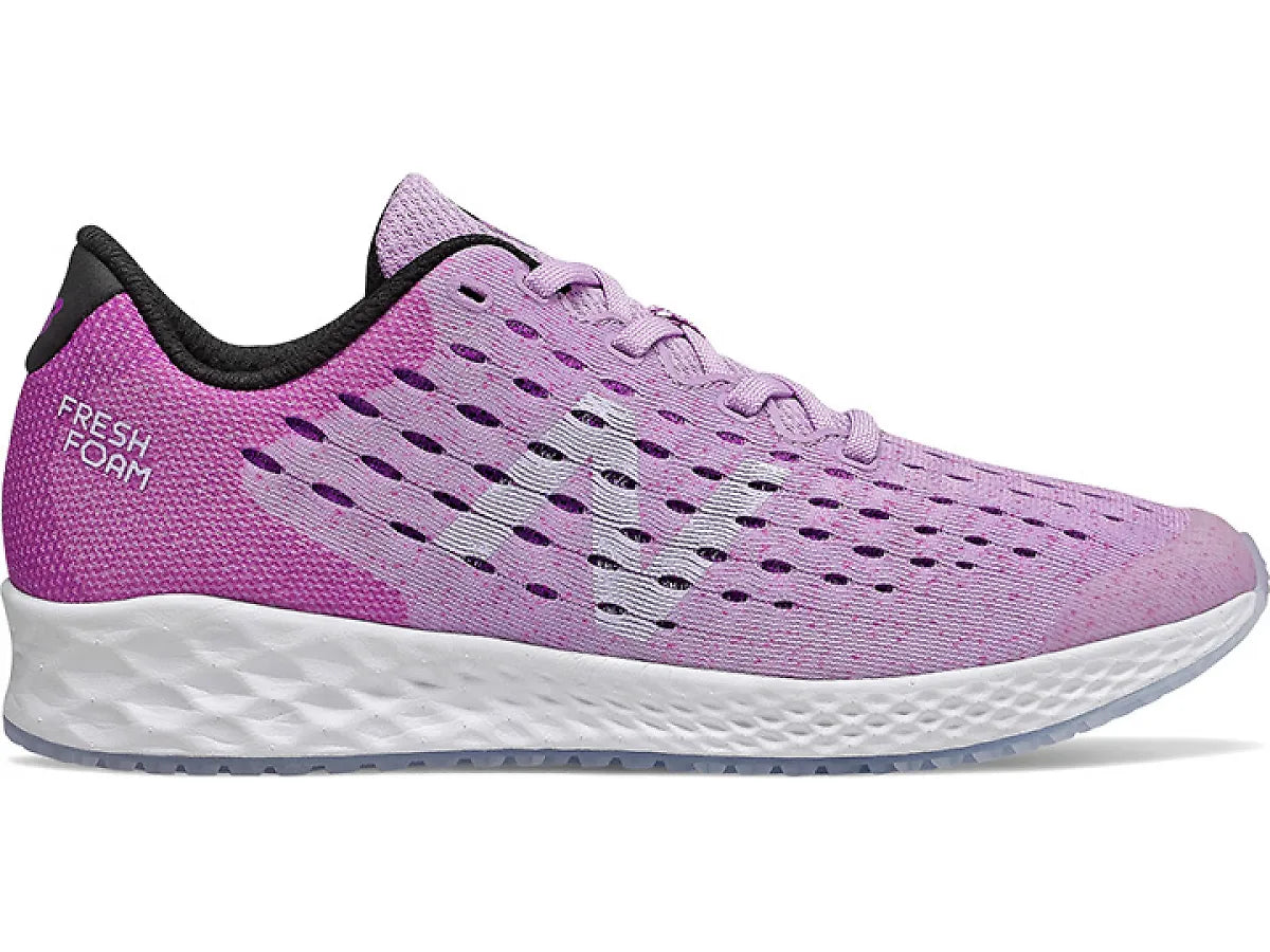 Side view on white background of Youth New Balance Fresh Foam Zante Pursuit V5 running shoe in Purple, Medium (Regular) width