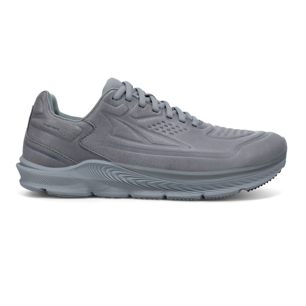 Side view on white background of Womens Altra Torin 5 Leather running shoe in Gray, Medium (Regular) width