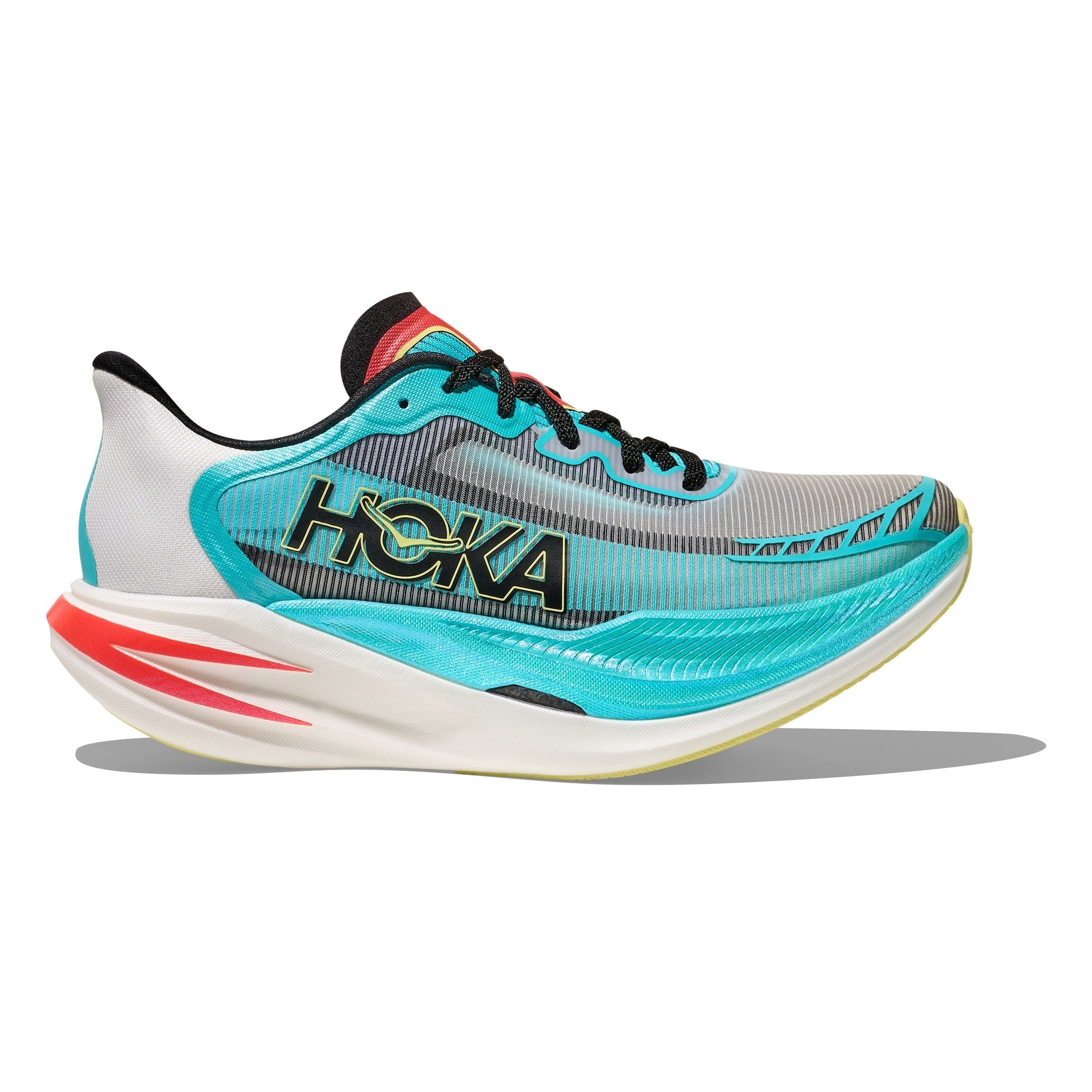 Side view on white background of Womens Hoka Cielo X1 2.0 running shoe in Frost/Black, Medium (Regular) width