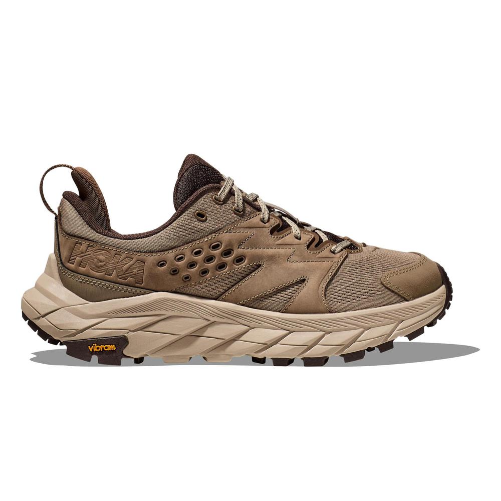 Side view on white background of Mens Hoka Anacapa Breeze Low running shoe in Dune/Oxford Tan, Medium (Regular) width