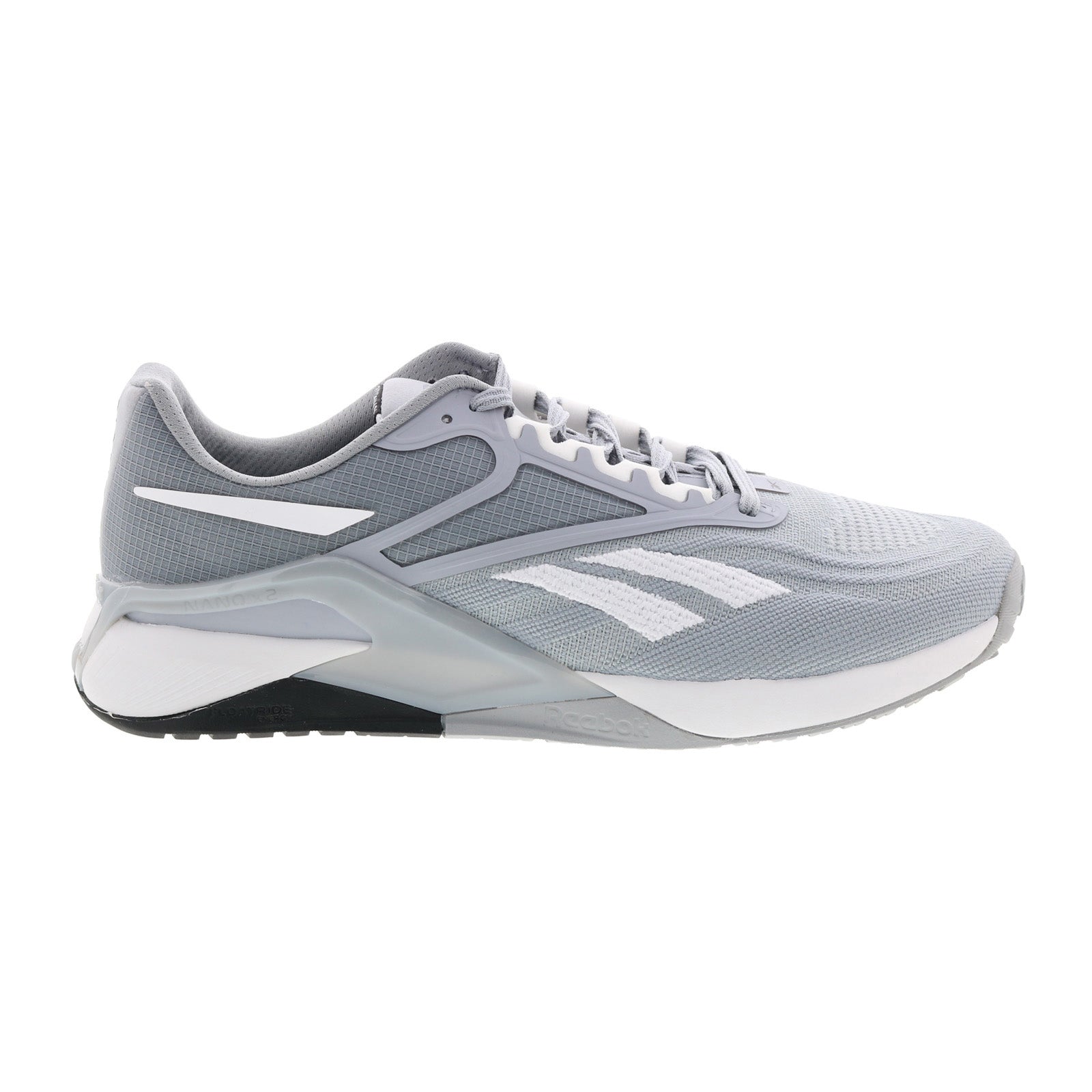 Side view on white background of Womens Reebok Nano X2 running shoe in Cold Grey/Footwear White, Medium (Regular) width
