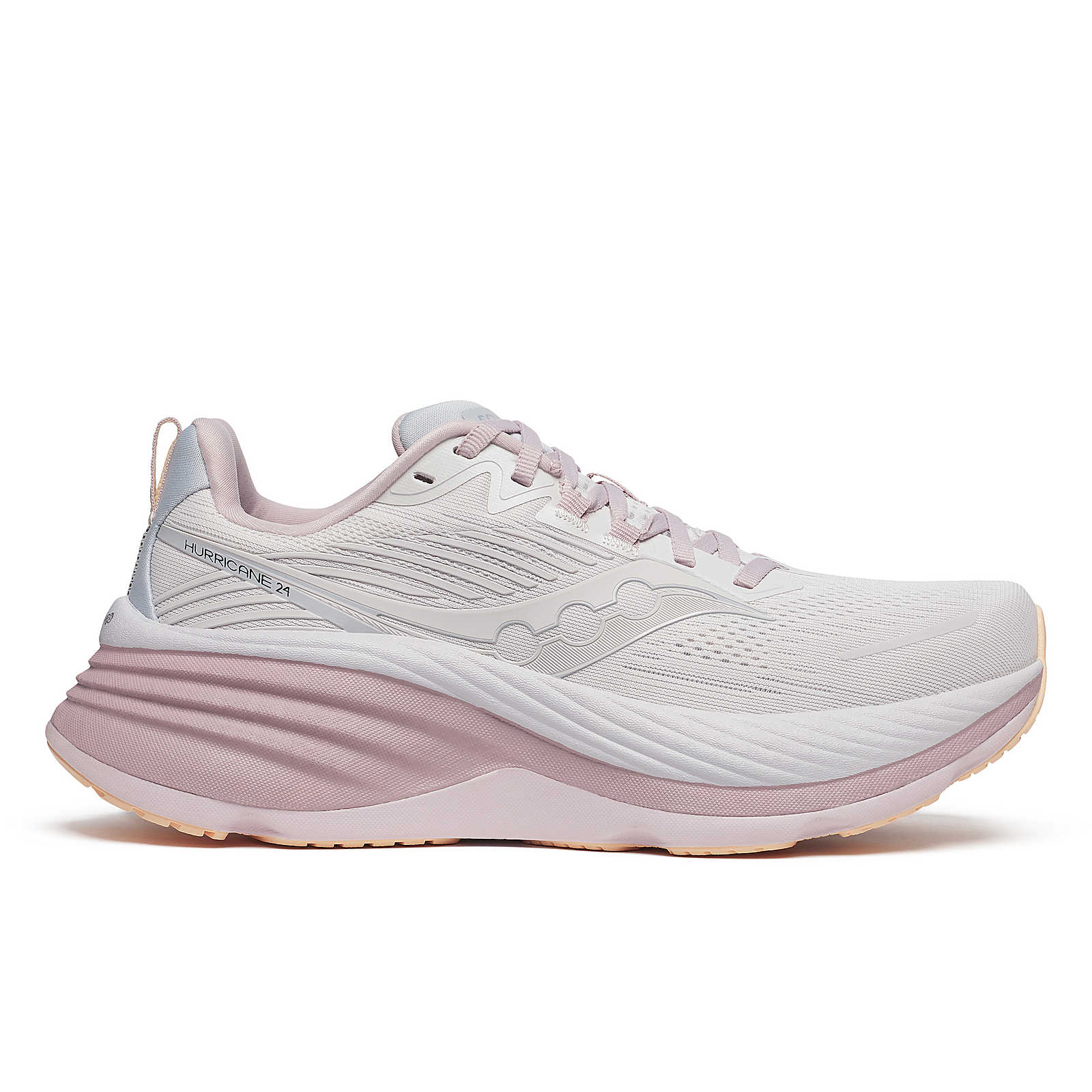 Side view on white background of Womens Saucony Hurricane 24 running shoe in Cloud/Bloom, Medium (Regular) width