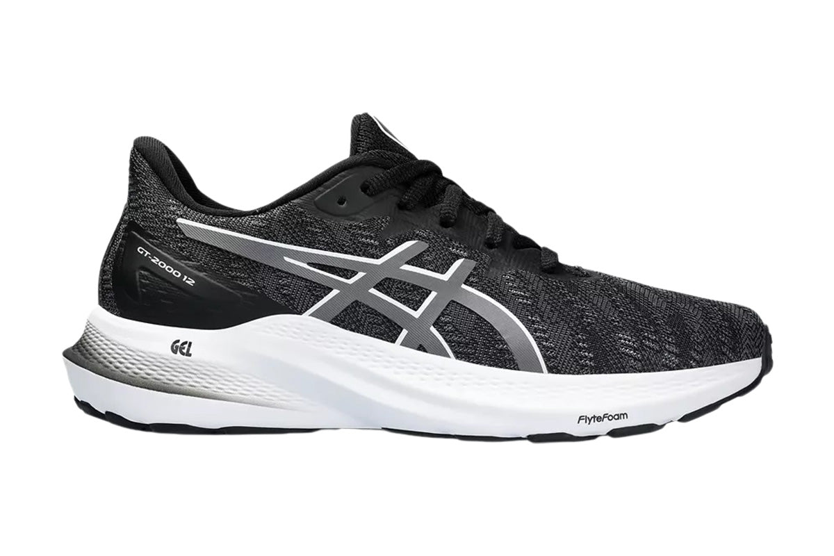 Side view on white background of Kids Asics GT-2000 12 GS running shoe in Black/Carrier Grey, Medium (Regular) width