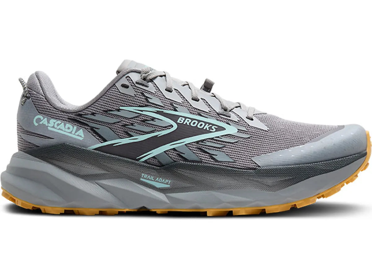 Side view on white background of Mens Brooks Cascadia 19 running shoe in Alloy/Ebony/Orange, Wide width