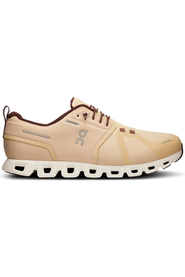 Side view on white background of Mens On Cloud 5 Waterproof running shoe in Savannah/Ivory, Medium (Regular) width