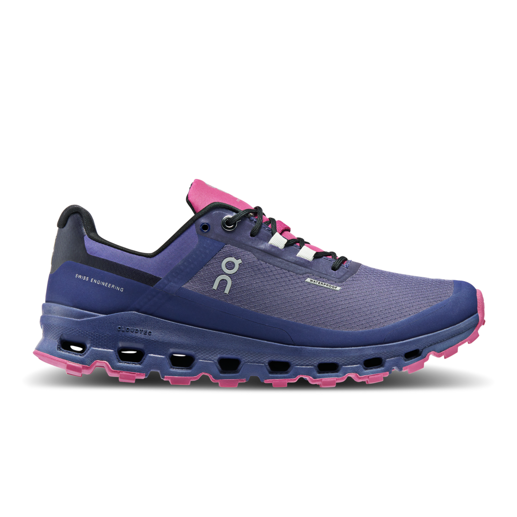Side view on white background of Womens On Cloudvista Waterproof running shoe in Flint/Acai, Medium (Regular) width