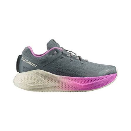 Side view on white background of Womens Salomon Aero Glide 3 running shoe in Sedona Sage/Vanilla Ice/Cyclamen, Medium (Regular) width