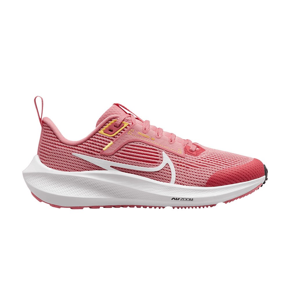 Side view on white background of Youth Nike Pegasus 40 running shoe in Coral Chalk/White-Citron Pulse, Medium (Regular) width
