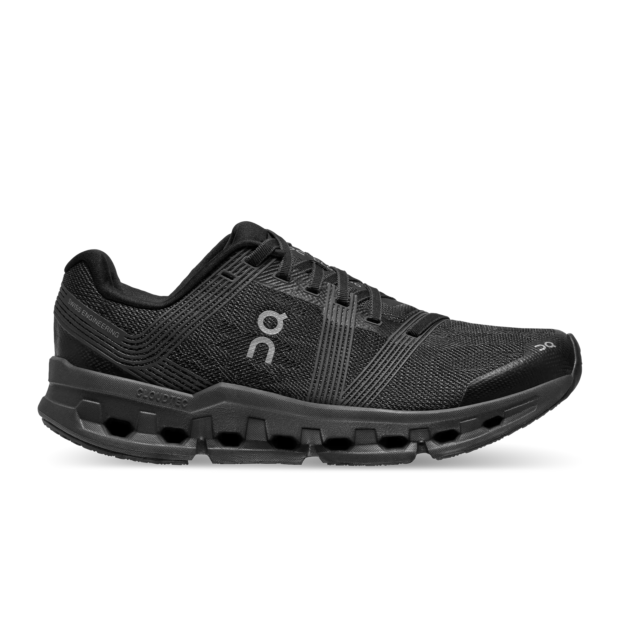 Side view on white background of Womens On Cloudgo running shoe in Black/Eclipse, Wide width