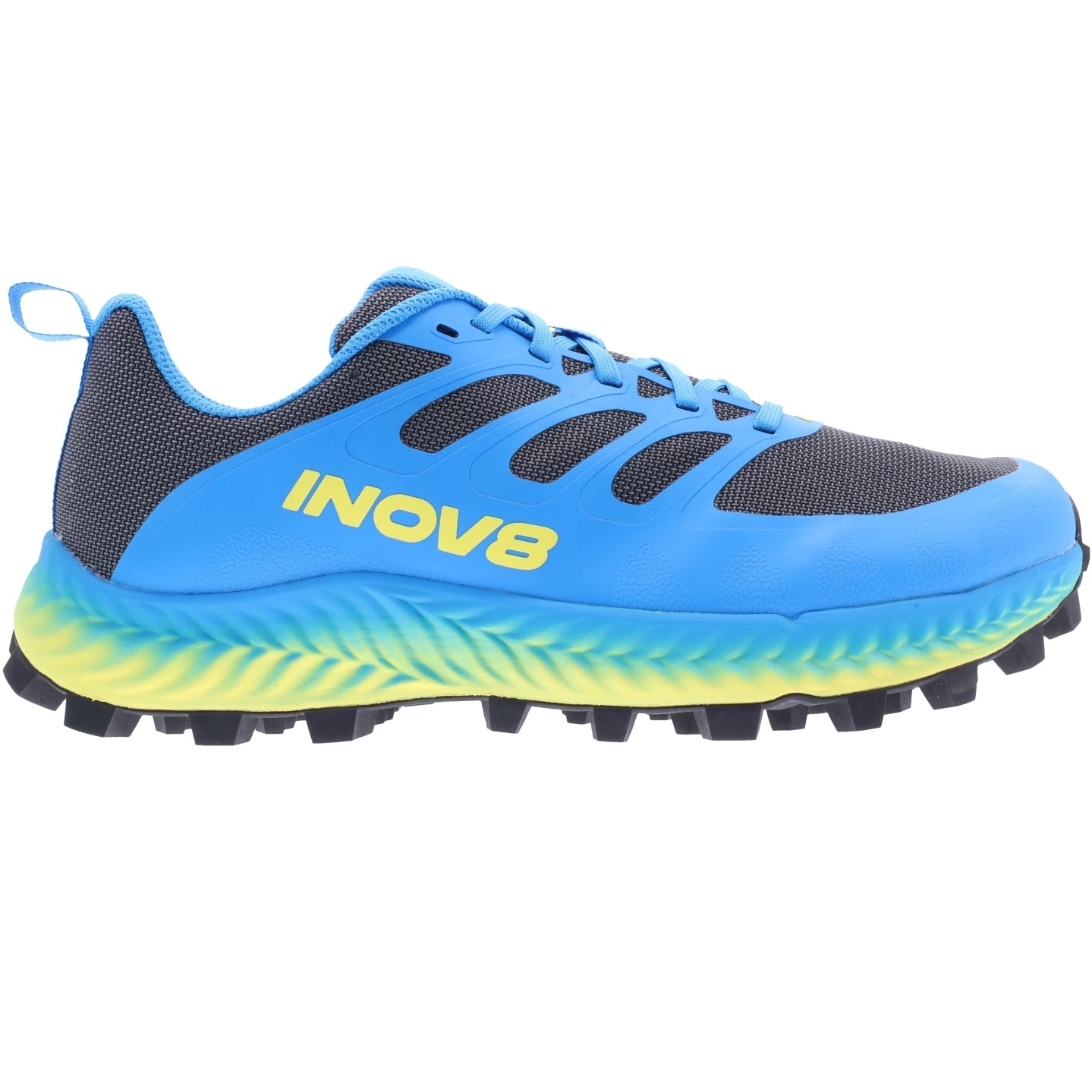 Side view on white background of Mens Inov8 Mudtalon running shoe in Dark Grey/Blue/Yellow, Narrow width