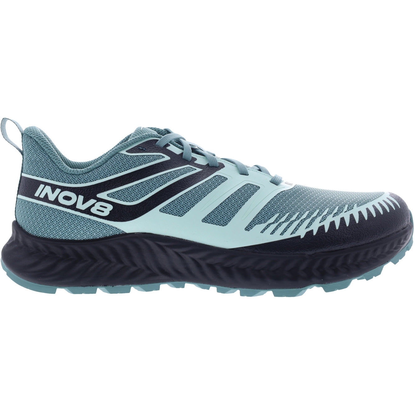 Side view on white background of Womens Inov8 TrailFly running shoe in Light Green/Dark Teal, Wide width
