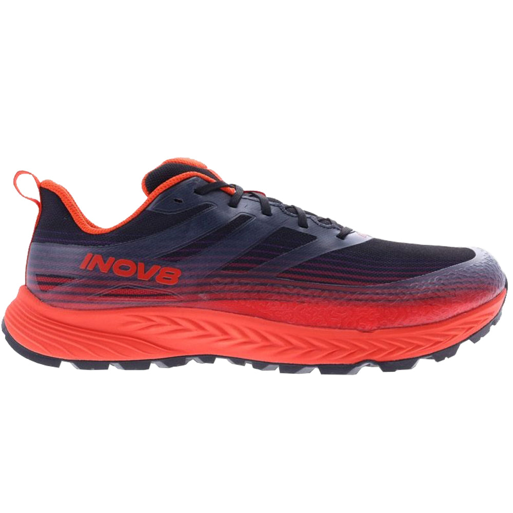 Side view on white background of Mens Inov8 TrailFly Speed running shoe in Black/Fiery Red, Wide width