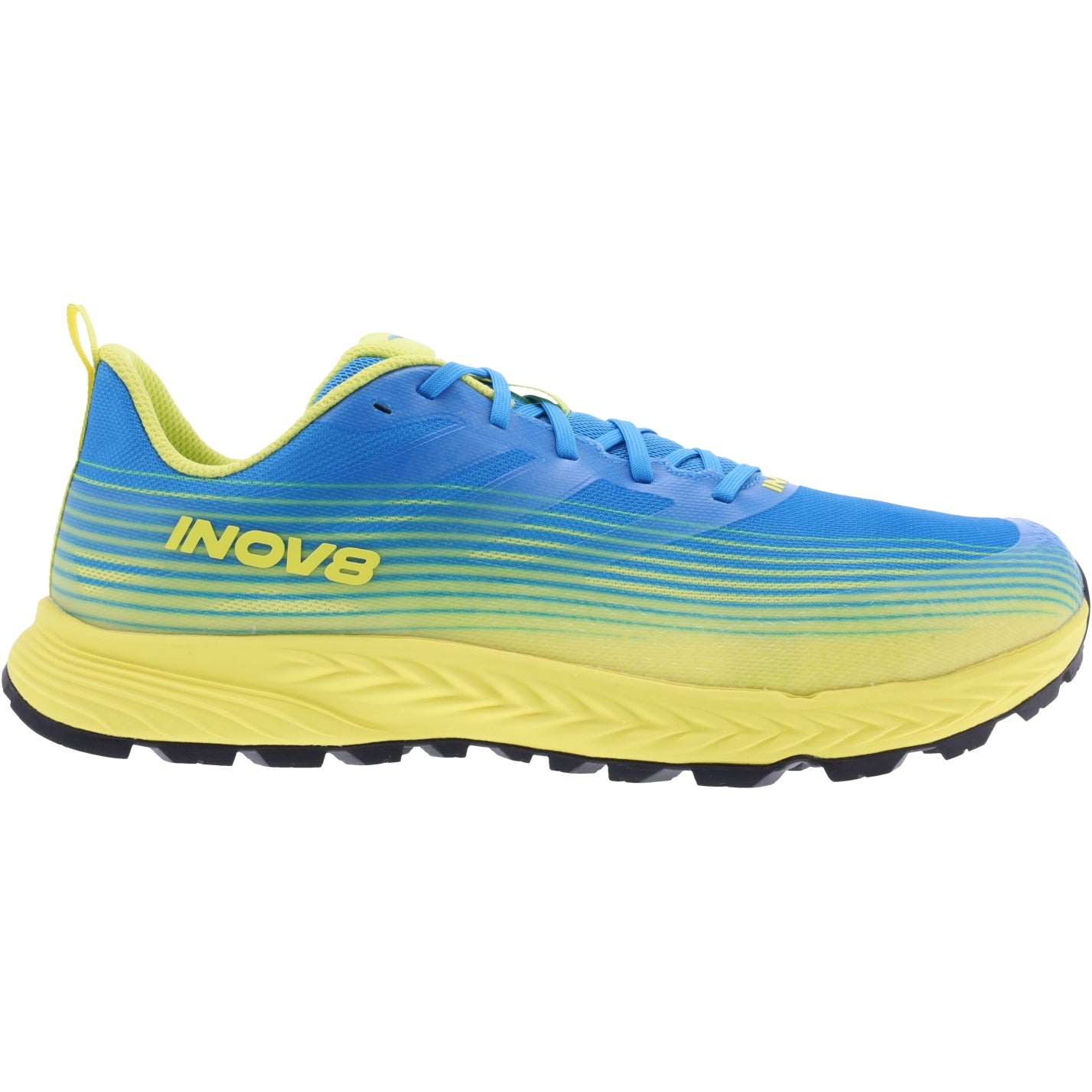 Side view on white background of Mens Inov8 TrailFly Speed running shoe in Blue/Yellow, Wide width