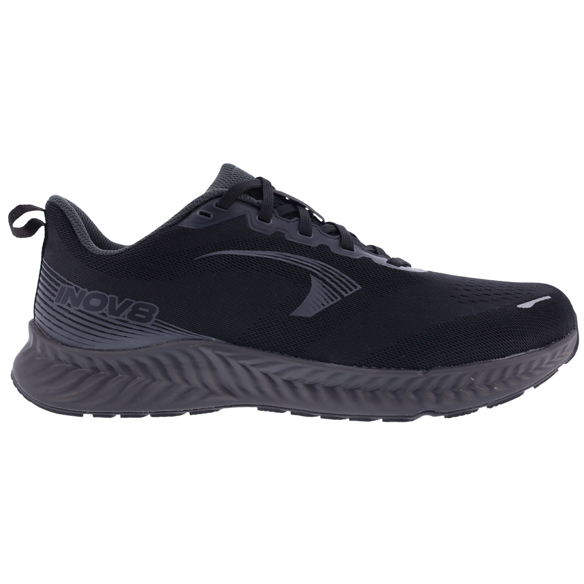 Side view on white background of Mens Inov8 RoadFly running shoe in Black, Wide width