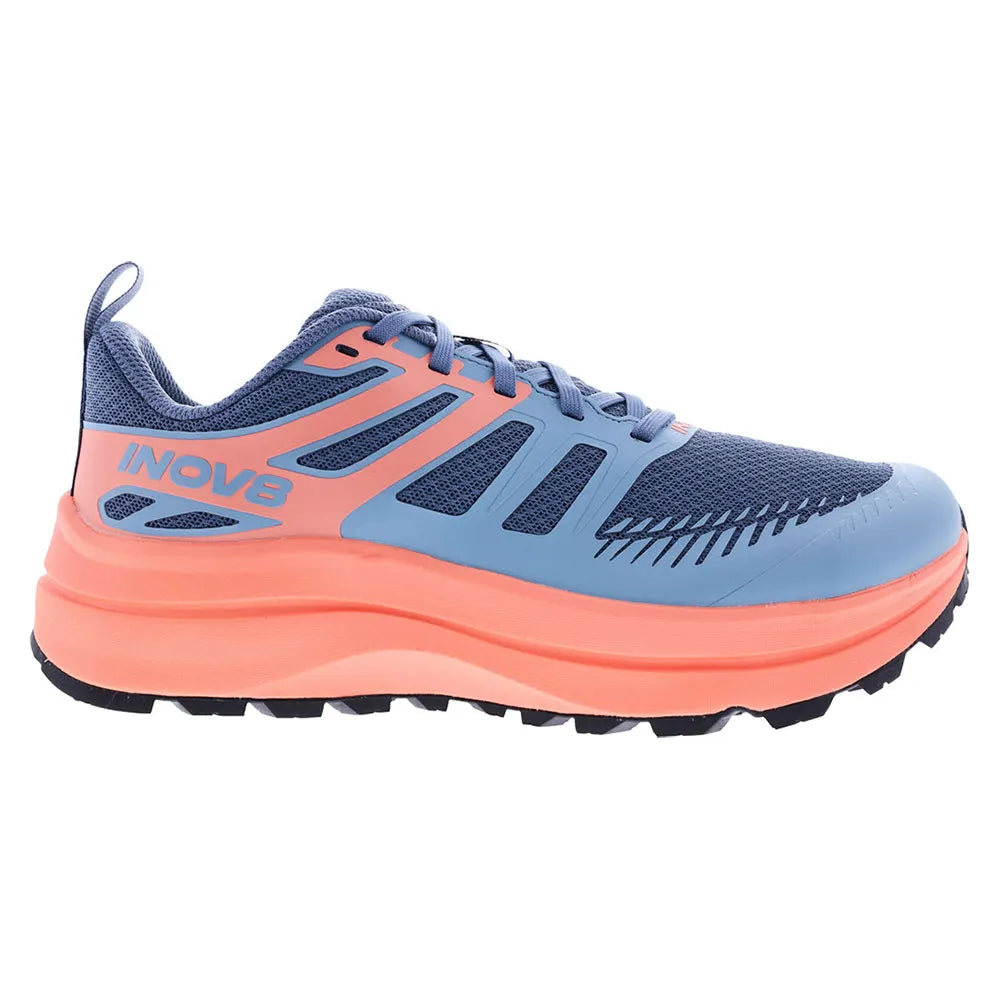 Side view on white background of Womens Inov8 TrailFly Max running shoe in Blue Grey/Coral/Light Grey, Wide width