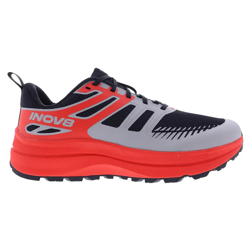 Side view on white background of Mens Inov8 TrailFly Max running shoe in Black/Light Grey/Red, Wide width