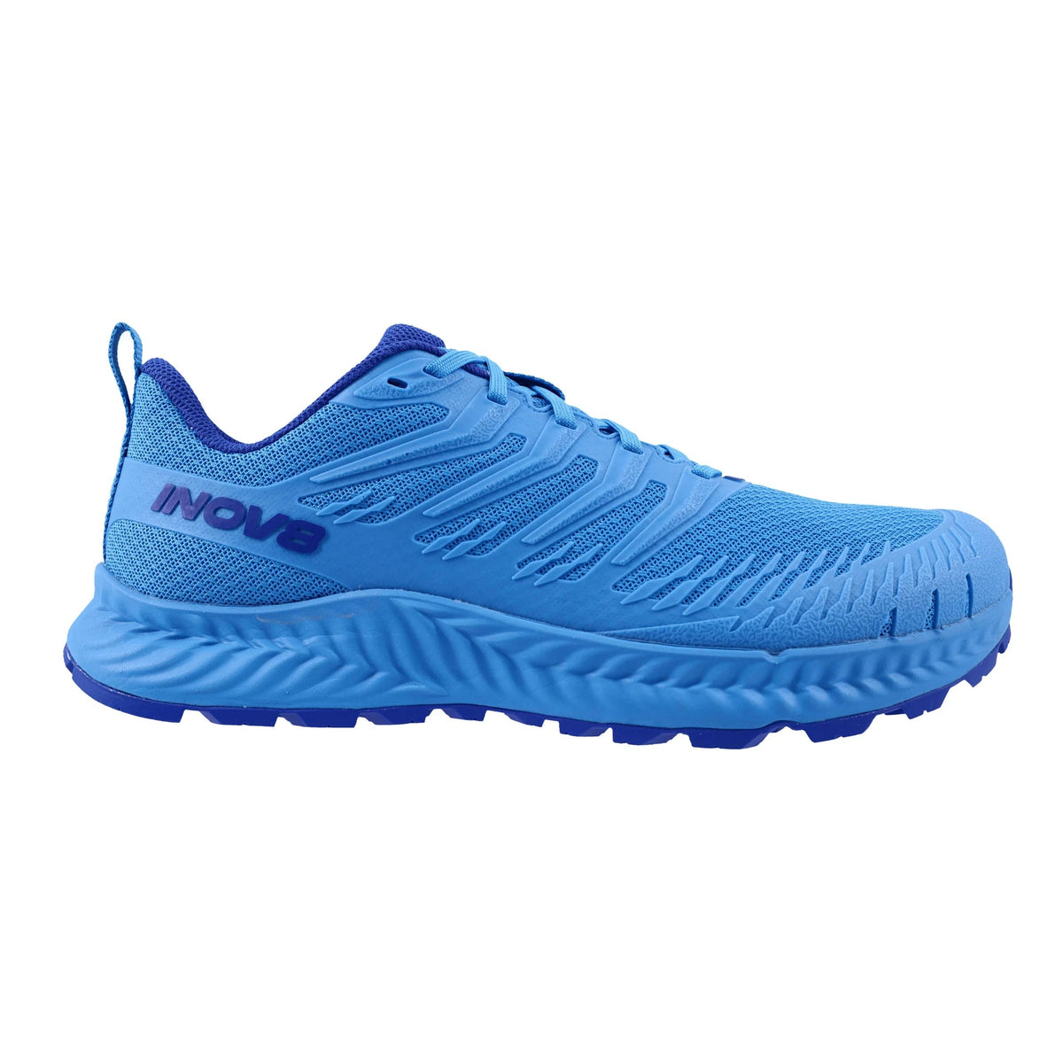 Side view on white background of Mens Inov8 Trailfly V2 running shoe in Blue, Wide width