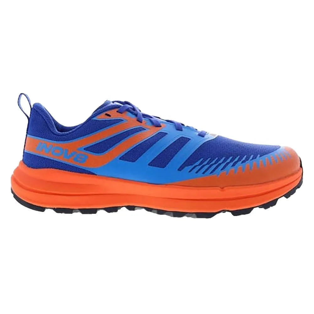 Side view on white background of Mens Inov8 TrailFly Zero running shoe in Blue/Orange, Wide width