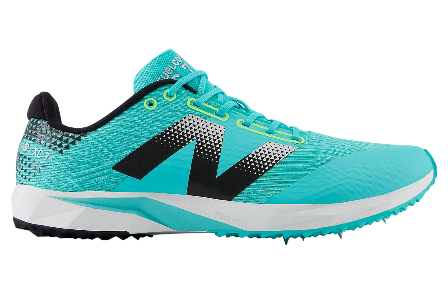 Side view on white background of Mens New Balance FuelCell XC7 v5 running shoe in Cyber Jade/Black, Medium (Regular) width
