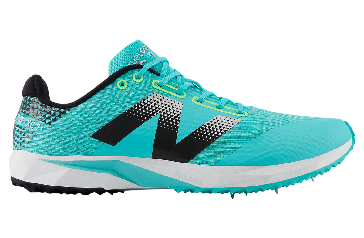 Side view on white background of Mens New Balance FuelCell XC7 v5 running shoe in Cyber Jade/Black/Silver Metallic, Medium (Regular) width