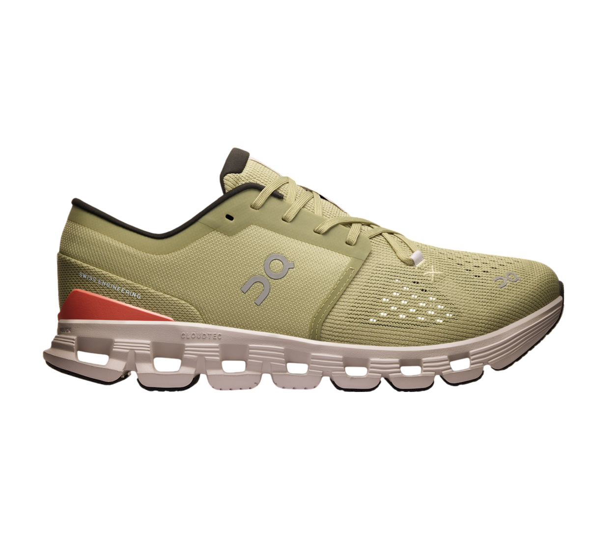 Side view on white background of Mens On Cloud X 4 running shoe in Caper/Salmon, Medium (Regular) width