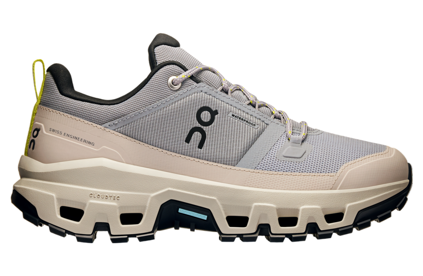 Side view on white background of Womens On Cloudrock Low WP running shoe in Alloy/Ice, Medium (Regular) width