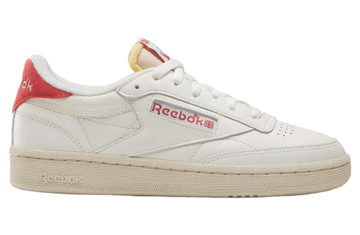 Side view on white background of Womens Reebok Club C 85 running shoe in Chalk/Paper White/Aqua Dust, Medium (Regular) width