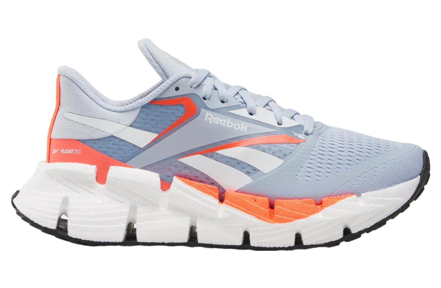 Side view on white background of Womens Reebok Floatzig 1 running shoe in Pale Blue/Ftwr White/Orange Flare, Medium (Regular) width