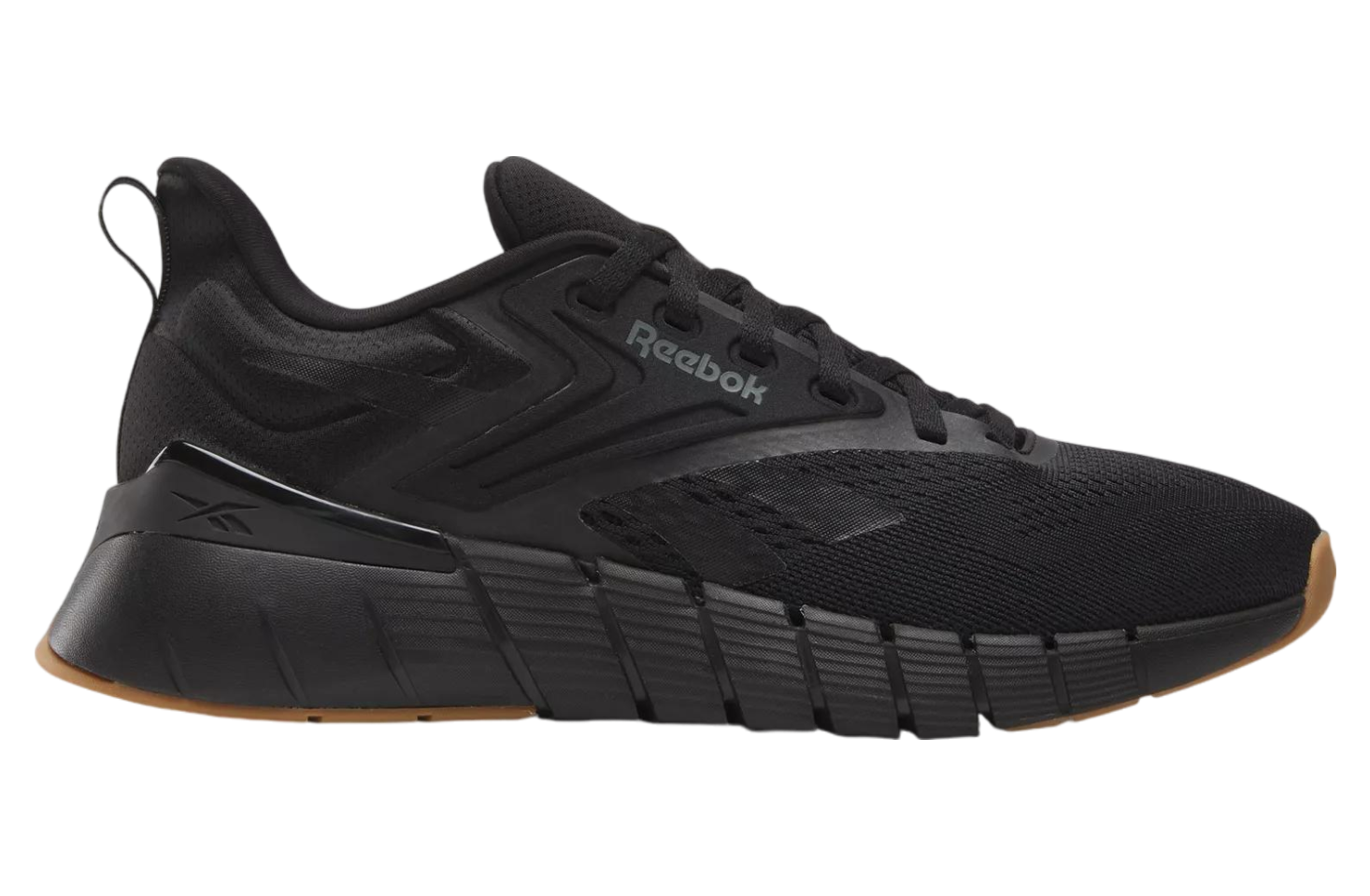 Side view on white background of Mens Reebok Nano Gym running shoe in Black/Grey 5/Reebok Lee 3, Medium (Regular) width