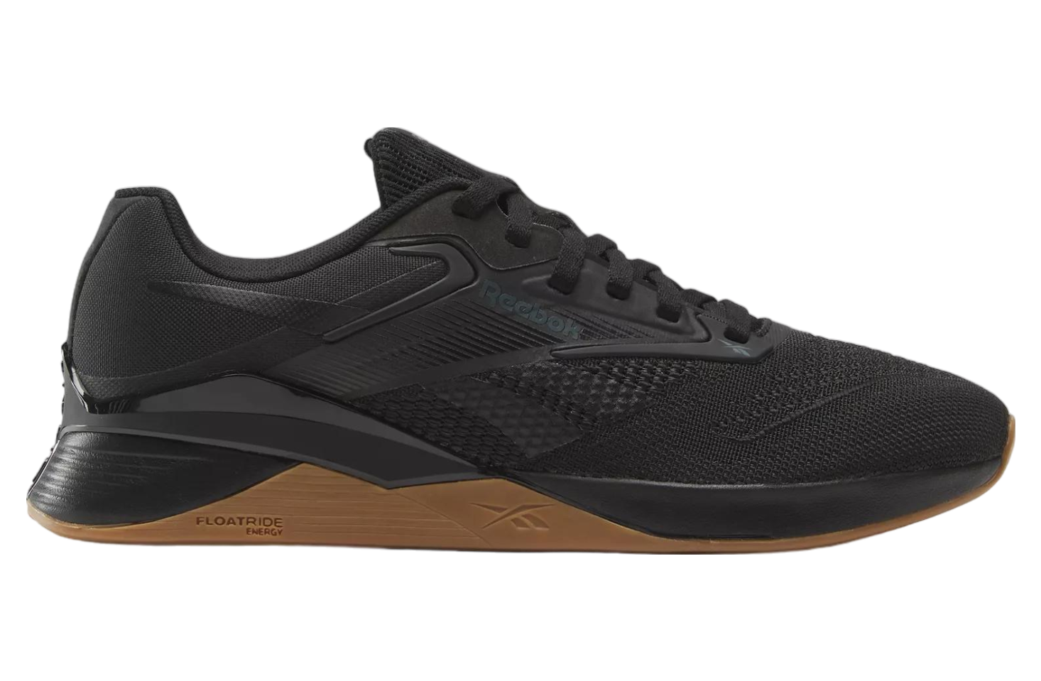 Side view on white background of Mens Reebok Nano X4 running shoe in Black/Pure Grey/Reebok Lee 3, Medium (Regular) width
