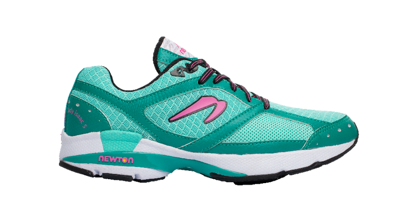 Side view on white background of Womens Newton Running Isaac S running shoe in Teal/Magenta, Medium (Regular) width