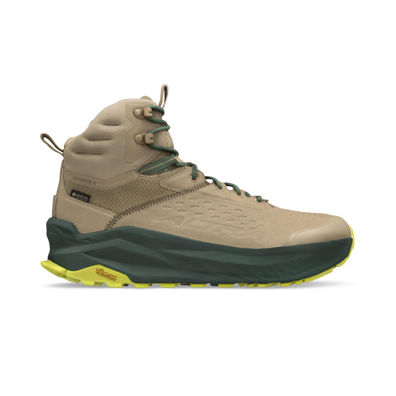 Side view on white background of Mens Altra Olympus 6 Hike Mid GTX running shoe in Tan, Medium (Regular) width