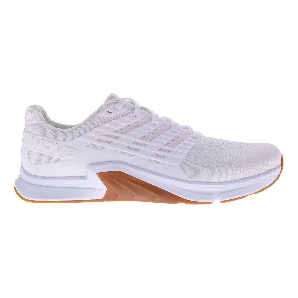 Side view on white background of Mens Inov8 F-Lite running shoe in White/Gum, Wide width