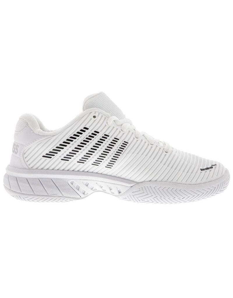 Side view on white background of Womens K-Swiss Hypercourt Express 2 running shoe in White/Black, Medium (Regular) width