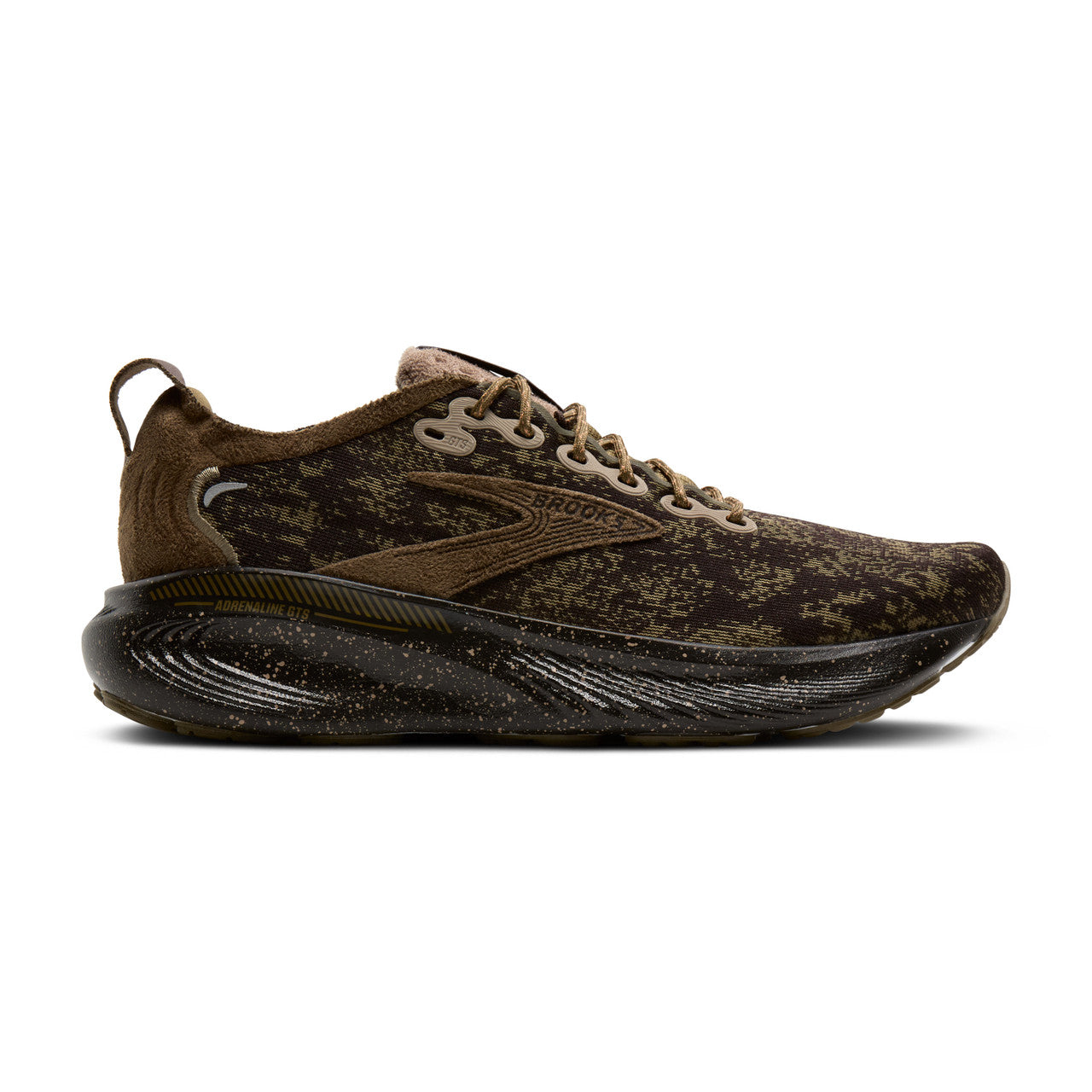 Side view on white background of Mens Brooks Adrenaline GTS 25 running shoe in Olive/Ganache/Copper, Medium (Regular) width