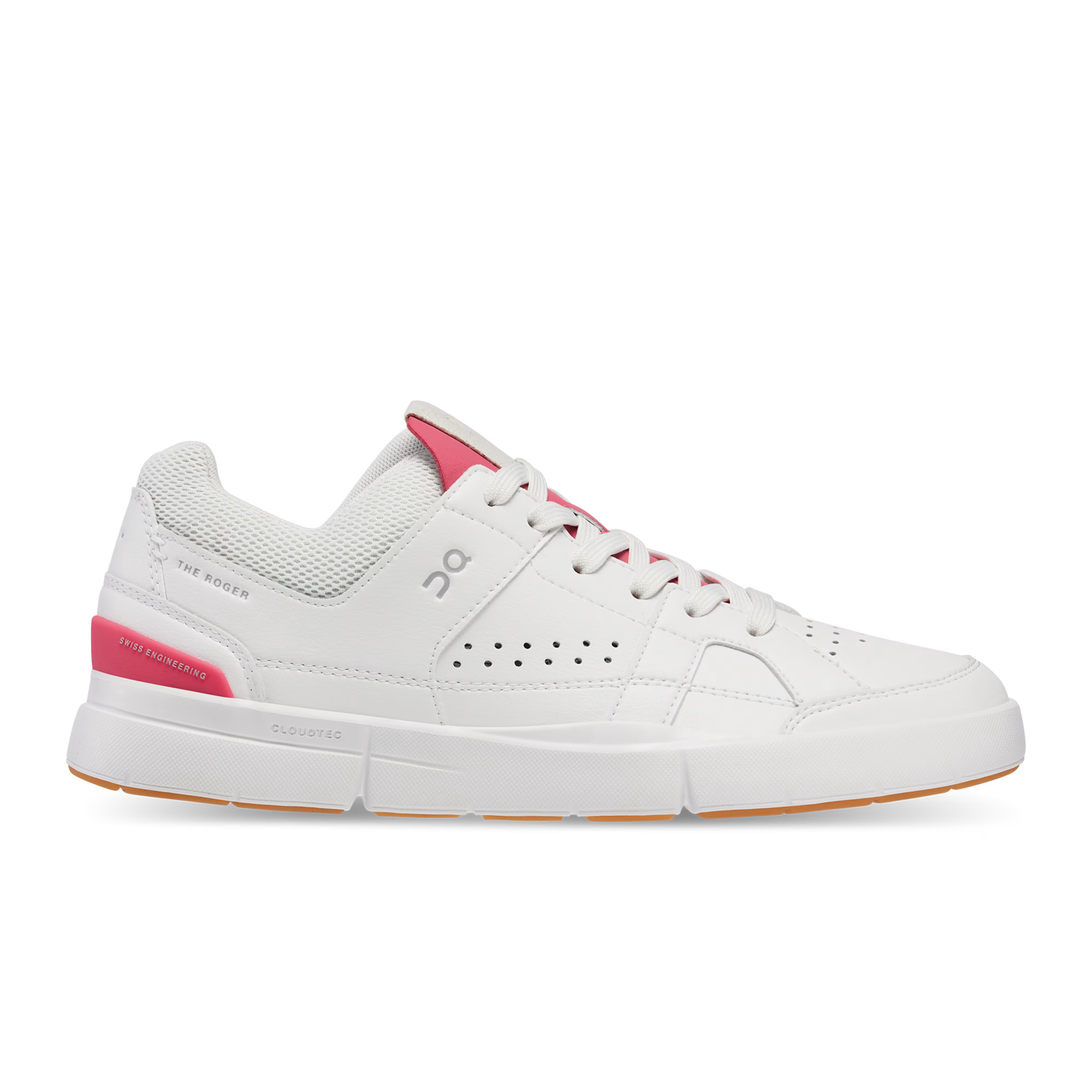 Side view on white background of Womens On The Roger Clubhouse running shoe in White/Rosewood, Medium (Regular) width