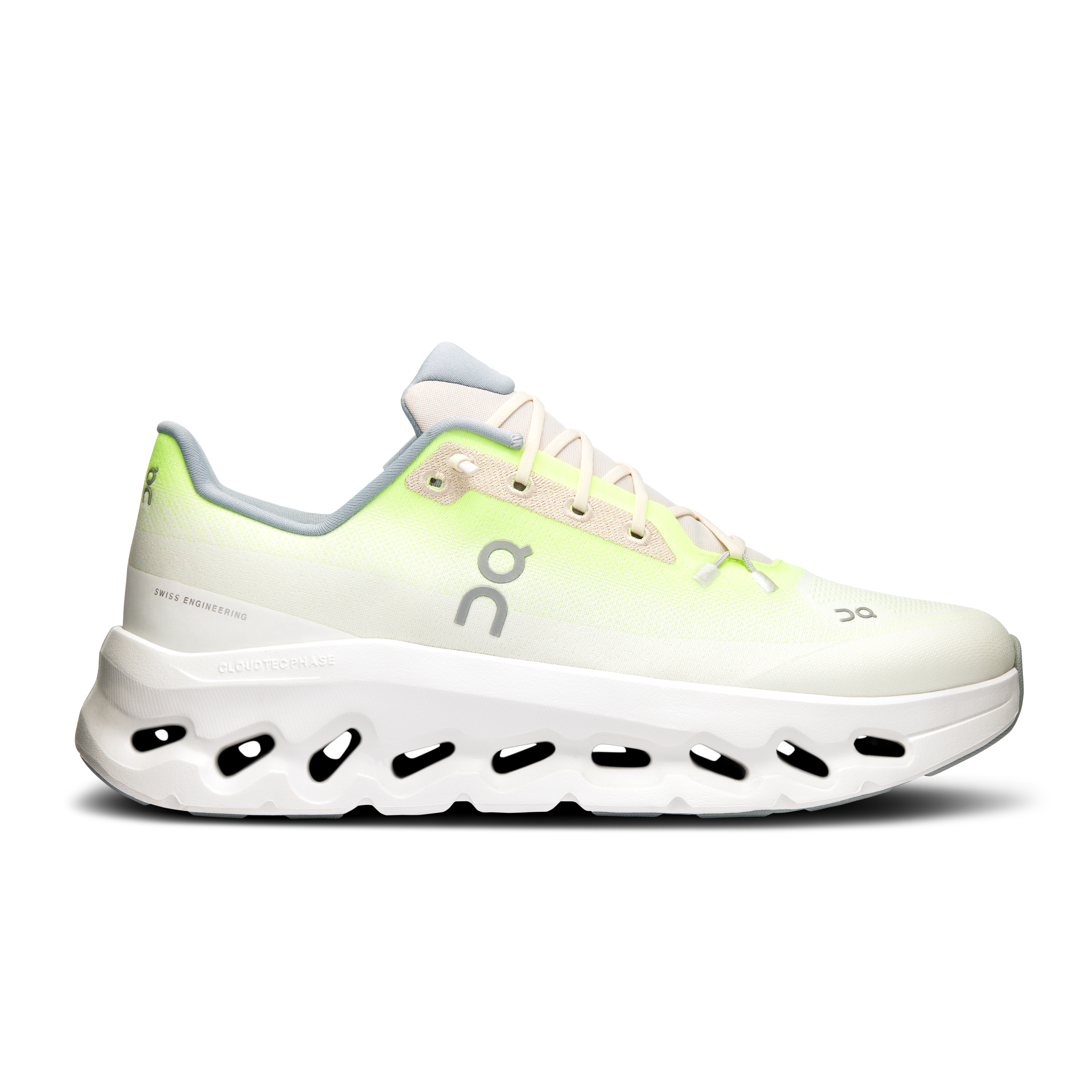 Side view on white background of Mens On Cloudtilt running shoe in Lime/Ivory, Medium (Regular) width