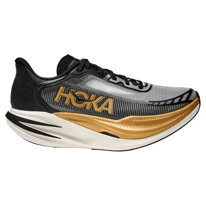 Side view on white background of Womens Hoka Cielo X1 2.0 running shoe in Black/Gold, Medium (Regular) width