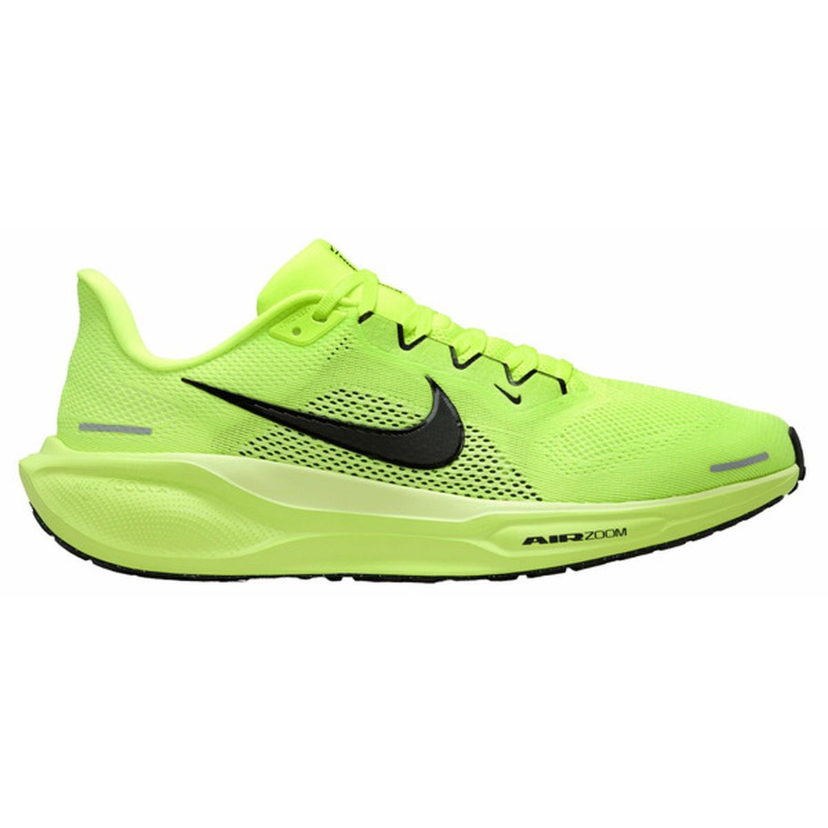 Side view on white background of Mens Nike Pegasus 41 running shoe in Volt/Black-Barely Volt, Medium (Regular) width