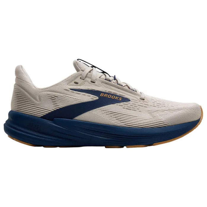 Side view on white background of Mens Brooks Revel 8 running shoe in Moonbeam/Blue/Taffy, Medium (Regular) width