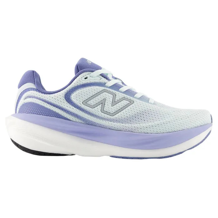 Side view on white background of Womens New Balance Fresh Foam X 1080v15 running shoe in Glint Blue/Silver Metallic/Fair Weather Blue, Wide width