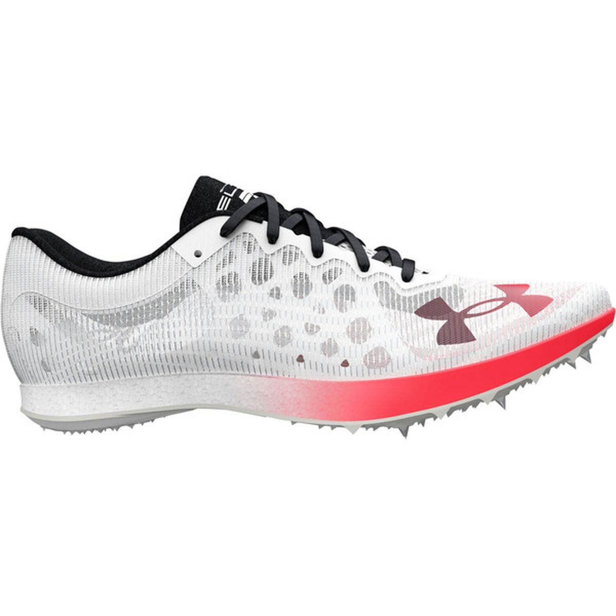 Side view on white background of Mens Under Armour Shakedown Elite running shoe in White/Black, Medium (Regular) width