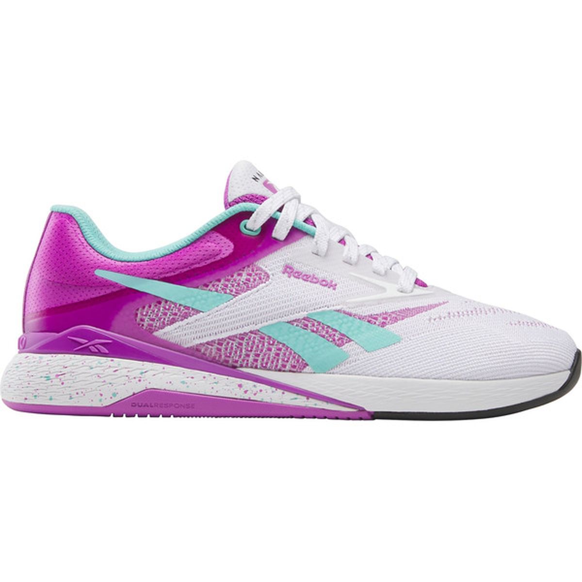 Side view on white background of Womens Reebok Nano X5 running shoe in Ftwr White/Purple Rave/AI Aqua, Medium (Regular) width