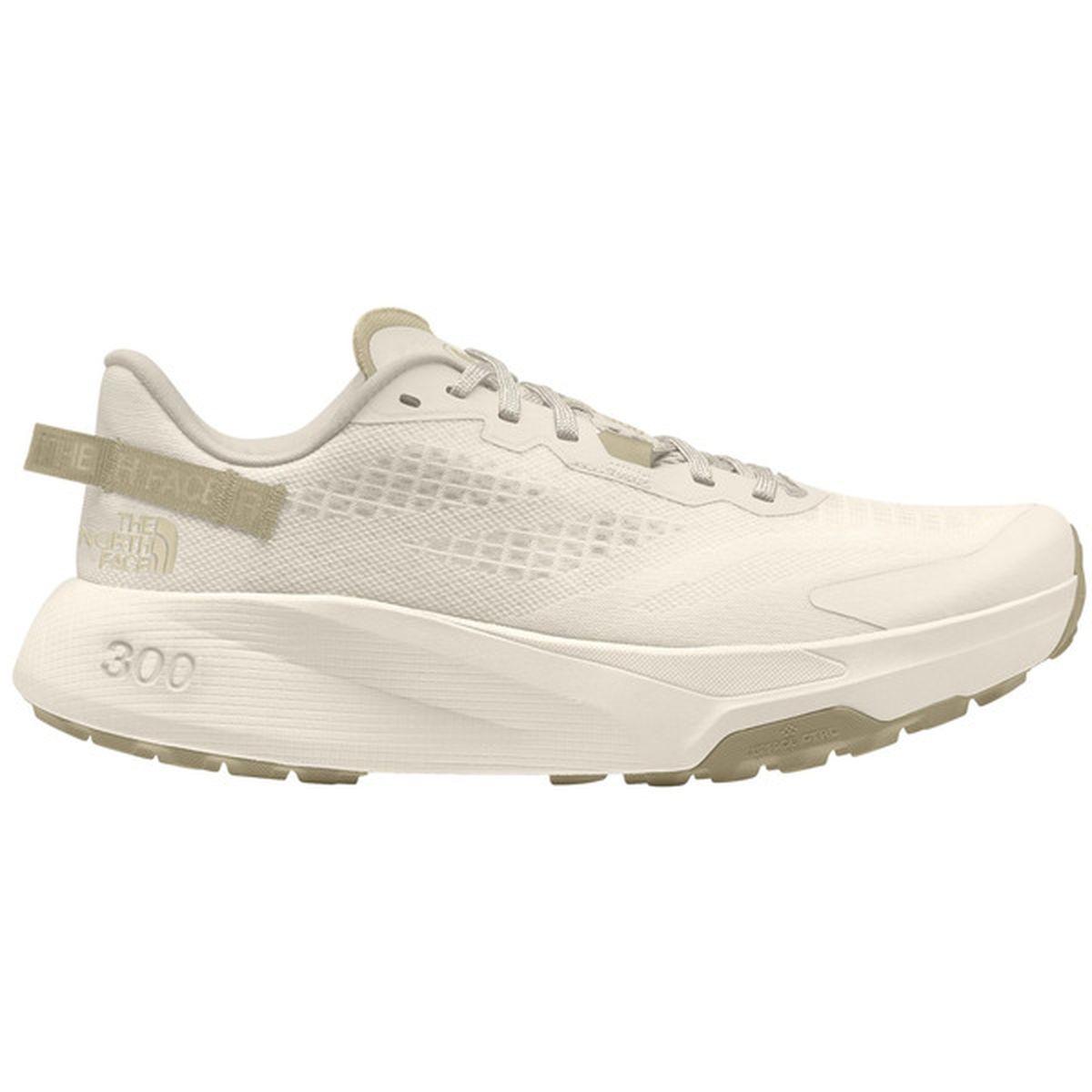 Side view on white background of Womens The North Face Altamesa 300 running shoe in White Dune, Medium (Regular) width