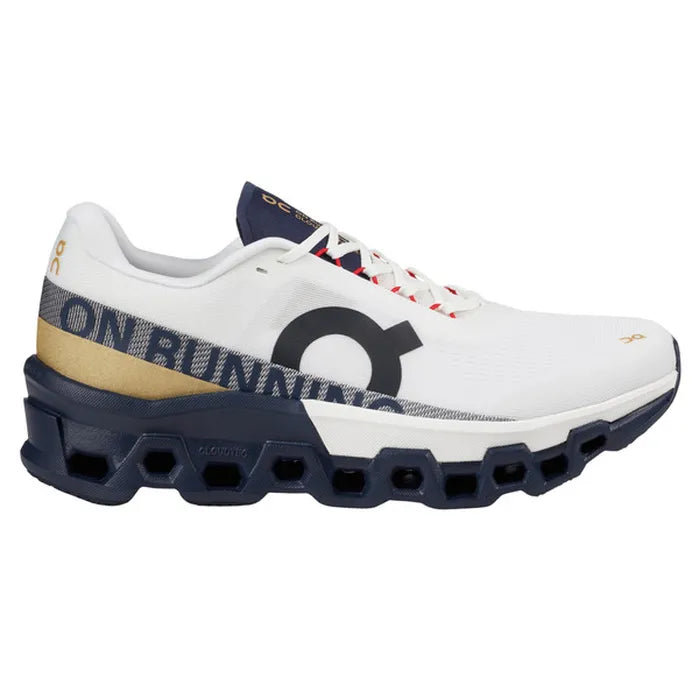 Side view on white background of Mens On Cloudmonster 2 running shoe in White/Midnight, Medium (Regular) width